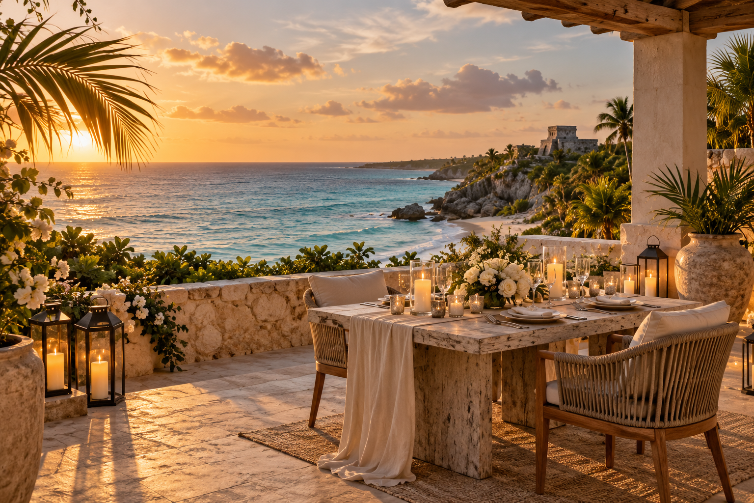 Illustrative oceanfront terrace at sunset